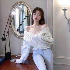 교차 브이넥 풀오버 후드 스웨터 여성 가을 오픈숄더 섹시 오프숄더 어깨트임 긴 소매 니트 톱