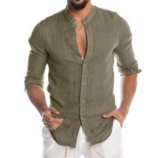 New Men's Solid Color Linen Collar Cardigan Long Sleeve Loose Men's Shirt