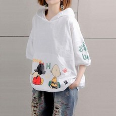 면 여름 포켓반소매 느슨한 여성 캐주얼 후드티셔츠