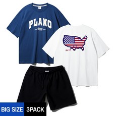 [빅사이즈][3PACK] PLANO 로케이션 오버핏 반팔티 코튼 밴딩 스웨트 반바지 셋업 3종 패키지