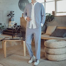 차이나 공연복 클래식 린넨코트옷 팬츠다 남자큰옷 에스닉 캐쥬얼 수행 유니폼 가을 중국 한복 면 린넨세트