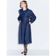Opening sunshine Sailor collar flare long denim dress dark indigo 663573
