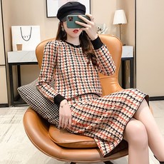 니트투피스 2020가을겨울옷 패션 하운드투스무늬 니트 세트원형 넥레저 유럽풍 스웨터 스커트 투피스