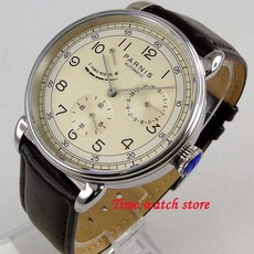 [해외] 솔리드 42mm parnis 남자 시계 날짜 파워 리저브 크림 컬러 다이얼 폴리 쉬드 케이스 자동식 무브먼트 손목 시계 남자 1303