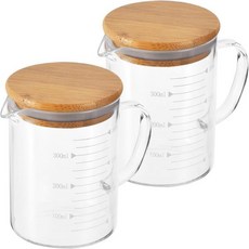 패티킬 350ml 유리 계량컵 3.3 붕규산 2팩 흰색 인쇄 눈금 액체 계량컵 비커(나무 뚜껑 포함) 및 주방용 V자형 스파우트 PATIKIL, 패티킬 350ml 유리 계량컵, 3.3 붕규산 2팩 흰, 2개