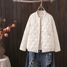 POMTOR 여성 가을 중년 화이트 퀼팅 심플한 캐주얼 경량 따뜻한 자켓