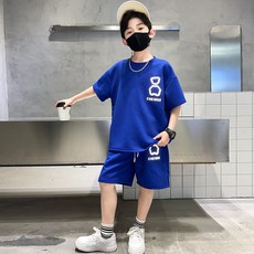 키즈목마 여름 남아 상하세트 티셔츠 반바지세트 츄리닝 170, 블루 섬네일