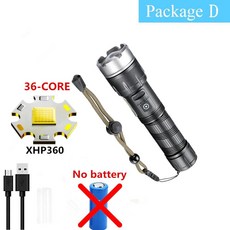 캠핑 사냥용 충전식 줌 랜턴 고성능 XHP360 36 코어 손전등 매우 밝은 토치 26650, 1개