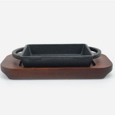 양손슬림직사각 주물팬 치즈옥수수철판 철판목판받침, 양손슬림직사각 주물팬+목판 소