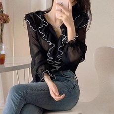 한국의 시크한 봄 연령 감소 기질 넥 스플라이싱 프릴 대조 캐주얼 루즈 다용도 여성용 긴팔 셔츠