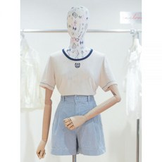[써스데이아일랜드] 배색 시보리 U넥 자수 티셔츠 T234ATS237W