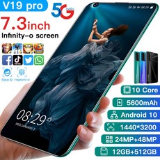 스마트 폰 12 기가 바이트 512 기가 바이트 5600mAh 안드로이드 10 4G 데카 코어 7.3 인치 48MP 후면 카메라 V19 프로 강력한 Memery 4k HD 스크린, 1개, US Plug, Blue 8G 512G