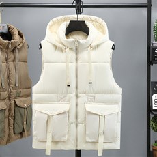 패딩조끼 남성용 후드 조끼 따뜻한 스탠드 칼라 조끼 남성 면 패딩 민소매 재킷 큰 주머니 지퍼 가을 겨울