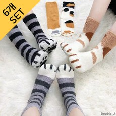 [더블제이] 귀여운 롱수면양말 6개 SET 임산부 겨울 보온 고양이 수족냉증 줄무늬 수면양말, 3켤레_베이지 점박이, 3켤레_무지블랙
