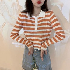 스트라이프 폴로 칼라 슬림 긴팔 레이스 니트