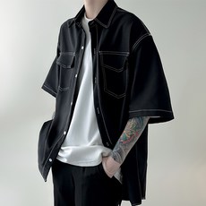 남성 오버핏 스티치 라인 포켓 반팔 셔츠