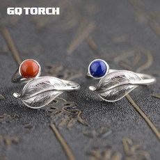 GQTORCH 빈티지 925 스털링 실버 여성 반지 잎 꽃 모양 상감 Lapis Lazuli 레드 오닉스 천연 돌 반지 오프닝 유형|ring open|ring leafring r