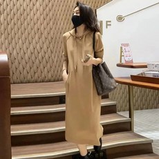 플리츠원피스 여성용 긴 무릎 후드 드레스 슬림핏 패션 루즈핏 슬림 가을 겨울