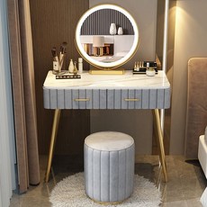  북유럽 화장대세트 럭셔리 서랍장 스툴 수납장, 간단조립, 그레이80CM+LED거울+라운드스툴 