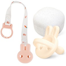 아띠래빗 올실리콘 토끼 쪽쪽이 + 스트랩 클립 홀더 세트, 1세트, 크림바닐라+아띠핑크, 3~15개월