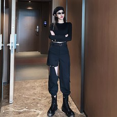 워크웨어바지 카거팬츠 재즈 스타일 암흑계 눈길을 끄는 여성의류 가을 둥근 링 펀칭 대미지 하이웨스트