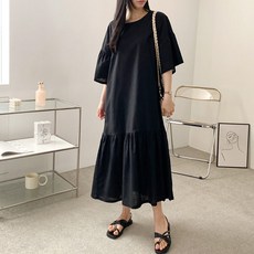 수니베 린넨 마 셔링 프릴 일자 롱 원피스 여름 반풀 시원 빅사이즈 임산부 루즈핏 문센룩