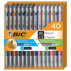 BIC 샤프 #2 매우 부드럽게 써지는 다양한 40개 대용량 구성의 샤프 펜슬 0.5mm 20개와 0.7mm 20개로 구성된 샤프 다양한 색상의 샤프 몸통 전문적인 사무실 및, Plastic