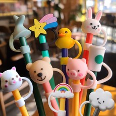 곰돌이 스타벅스 해바라기 토끼 돼지 캐릭터 실리콘 빨대 스토퍼 캡 뚜껑 마개, 노랑오리