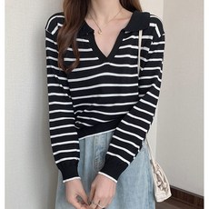 어반레이디 케이르 스트라이프 긴팔 오픈 카라 데일리 니트