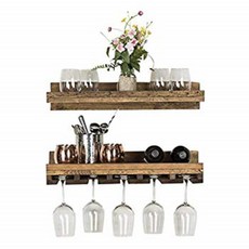 Del Hutson Designs Floating Wine Shelf and Glass Rack Set (Wall Mounted) Rustic Pine Wood Handmade (Walnut)