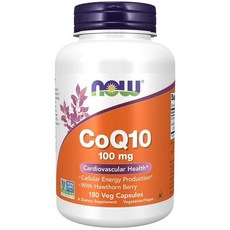 NOW 보충제 CoQ10 100mg 호손 베리 함유 제약 등급 발효 생산 올 트랜스 형태 식물성 캡슐 180개, 1개, 180정
