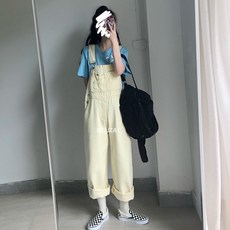 여성 옐로우 포켓 롤업 데님 루즈핏 데님 멜빵바지
