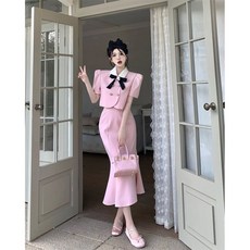 박연진코디 투피스셋업 블랙 핑크 리본 크롭 반팔자켓 머메이드스커트