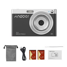 휴대용 프린터 Andoer 컴팩트 4K 디지털 카메라 비디오 캠코더 50MP 288 인치 IPS 스크린 자동 초점 16X 줌 얼굴 감지 스마일 캡처 플래시, 5.Black - with 16GB Card, 1개