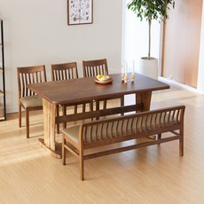 베스트리빙 고무나무 통원목 츠카 제니 6인 식탁 테이블세트/의자3개+일반형벤치의자 2colors, 월넛