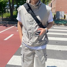 더블 지퍼 고프코어 바스락 나일론 크롭 후드 스트링 조끼 베스트 (2color)