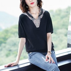 심쿵패션 여성 반팔 루즈핏 아이스 후드 니트 티셔츠