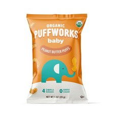 Puffworks Baby Organic 땅콩 버터 퍼프 초기 소개에 적합 식물 단백질 USDA 글루텐 프리 비건 GMO 코셔 28.3g(1oz) (6팩), 28g, 6개
