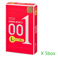 오카모토 콘돔 제로원 0.01 3개입 일본 초박형 콘돔 라지사이즈 L사이즈, 5박스