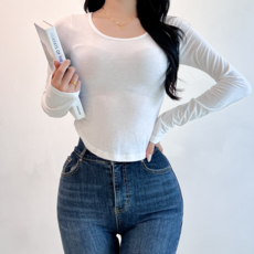투디 글램핏 쫀쫀 스판 밑단 라운딩 세미 크롭 긴팔 기모 티셔츠 5컬러