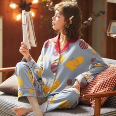 디스코 순면커플잠옷 커플파자마 긴 소매 코튼 봄가을 타입 여성 여름 얇은 풀패딩 가디건 실내복