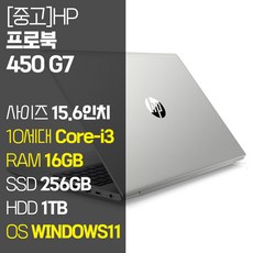HP ProBook 450 G7 15.6인치 인텔 10세대 Core-i3 RAM 16GB NVMe SSD 256GB~1TB + HDD 1TB 윈도우11설치 사무용 중고노트북, 실버, 코어i3, 1256GB, WIN11 Pro