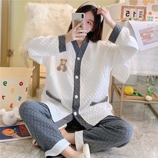HAXING 여성 잠옷 세트 임산부 잠옷 여성 임산부 산후 잠옷 수유복 세트 곰 캐릭터 가을 겨울 도톰한 임산부 잠옷