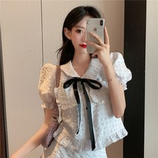 폴로 넥 리본 넥타이 여 하 0 프릴 슬랙스 화이트 탑 스커트