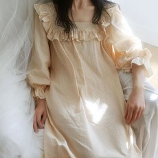 모네레 살구 프릴 레이스 롱원피스 잠옷 홈웨어 파자마