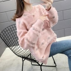 온스타일러 국내배송 링클 플라워 긴팔 니트 라운드넥 꽃무늬 캐주얼 니트티