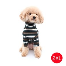 강아지 골지넥 스트라이프 티셔츠 카키 2XL