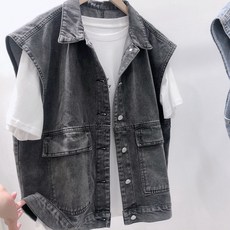 남성 데님 베스트 캐주얼 얇은 민소매 아우터 루즈핏 청조끼 오버핏 카고 데님 조끼 베스트 MJS