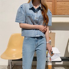 온더리버117369 프리 데일리 퍼프 청자켓 여성 봄 여름 간절기 아우터 데님 반팔 재킷 데일리룩
