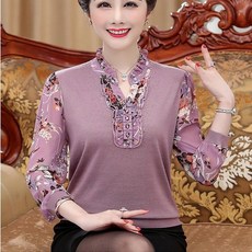 [Myshe]봄가을 중장년 티셔츠 여성 루즈핏 망사패치 긴팔 이너티 Dou2613FEI613DDS09